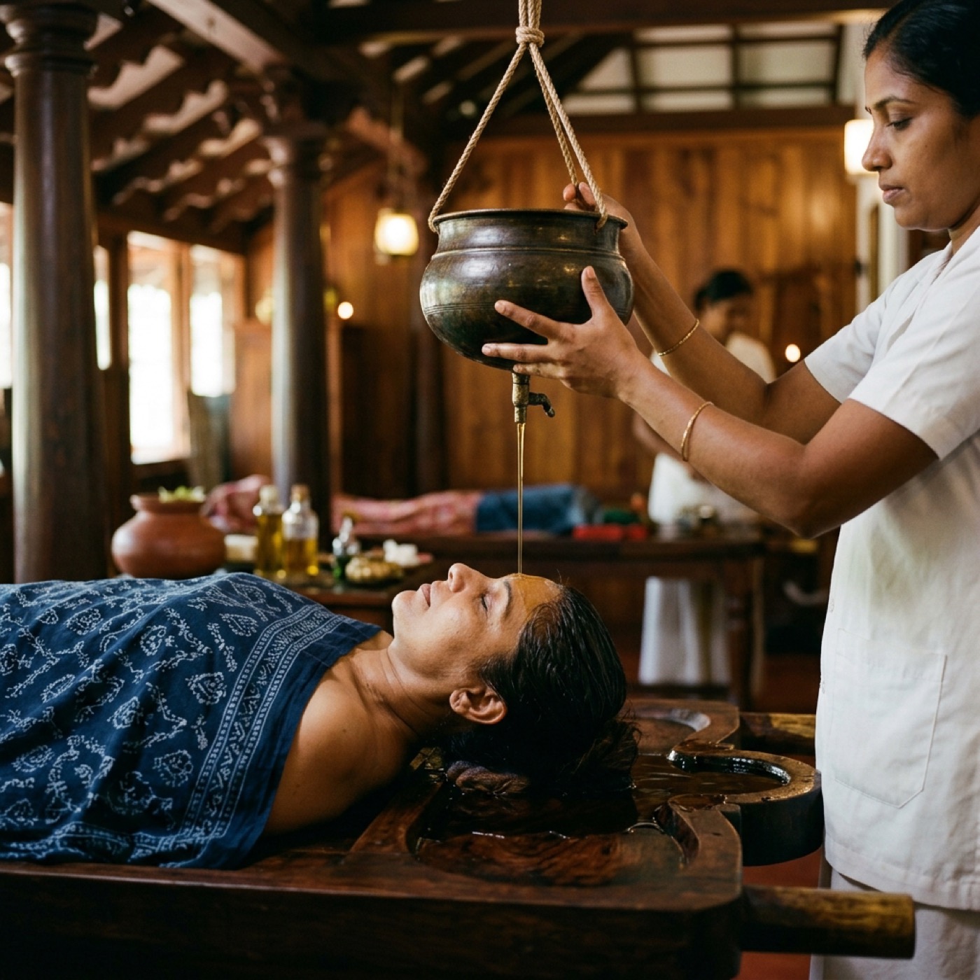 Authentic Shirodhara forehead medicated oil stream therapy