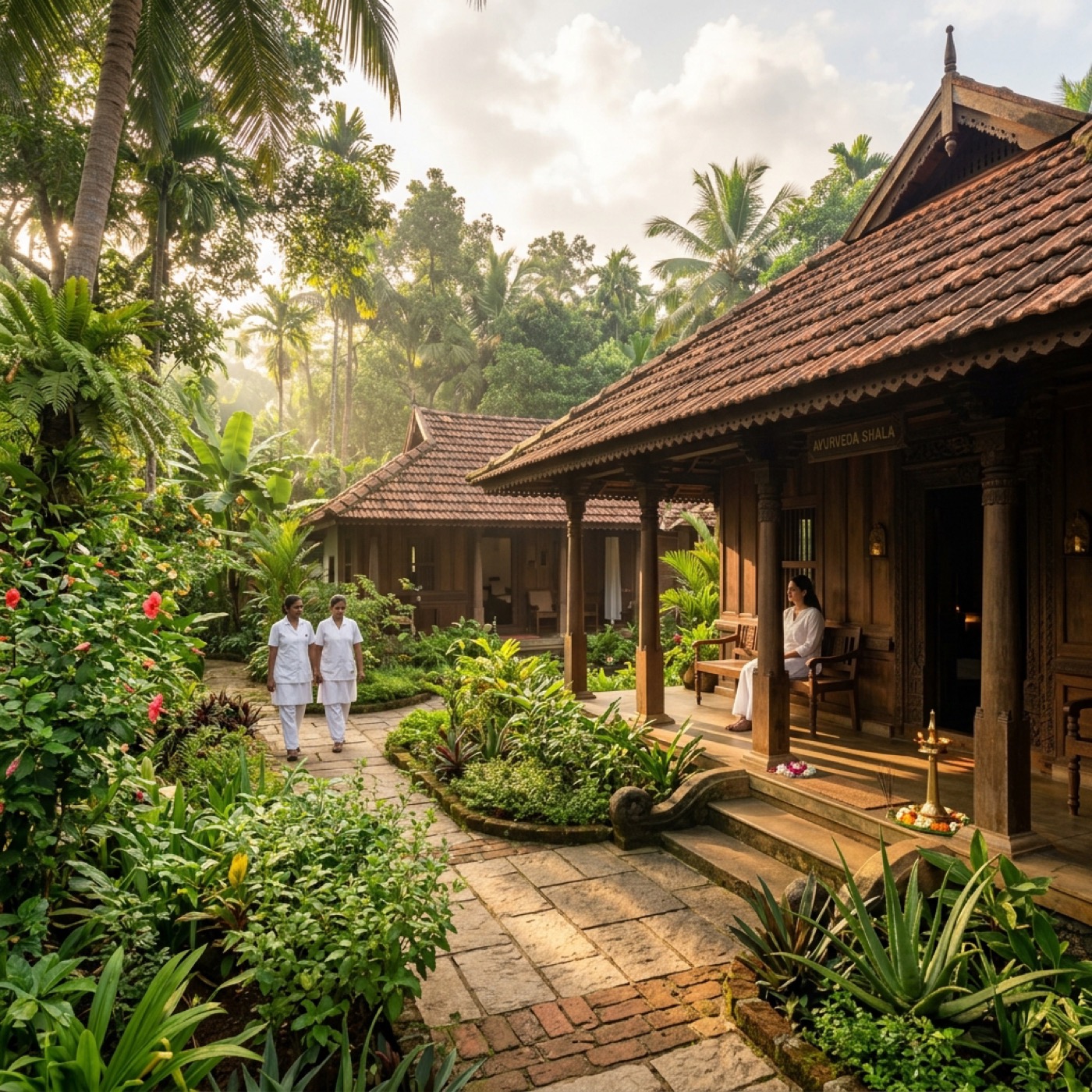 Lush Kerala Ayurvedic healing sanctuary environment